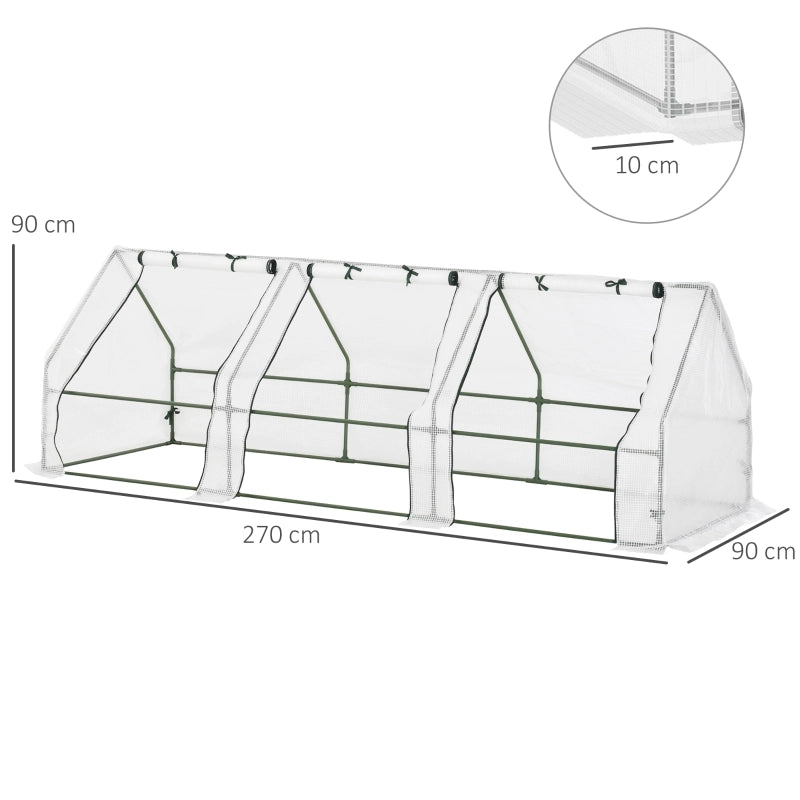 Serra tunnel in PE con 3 finestre avvolgibili, struttura in acciaio, 270x90x90 cm, bianco