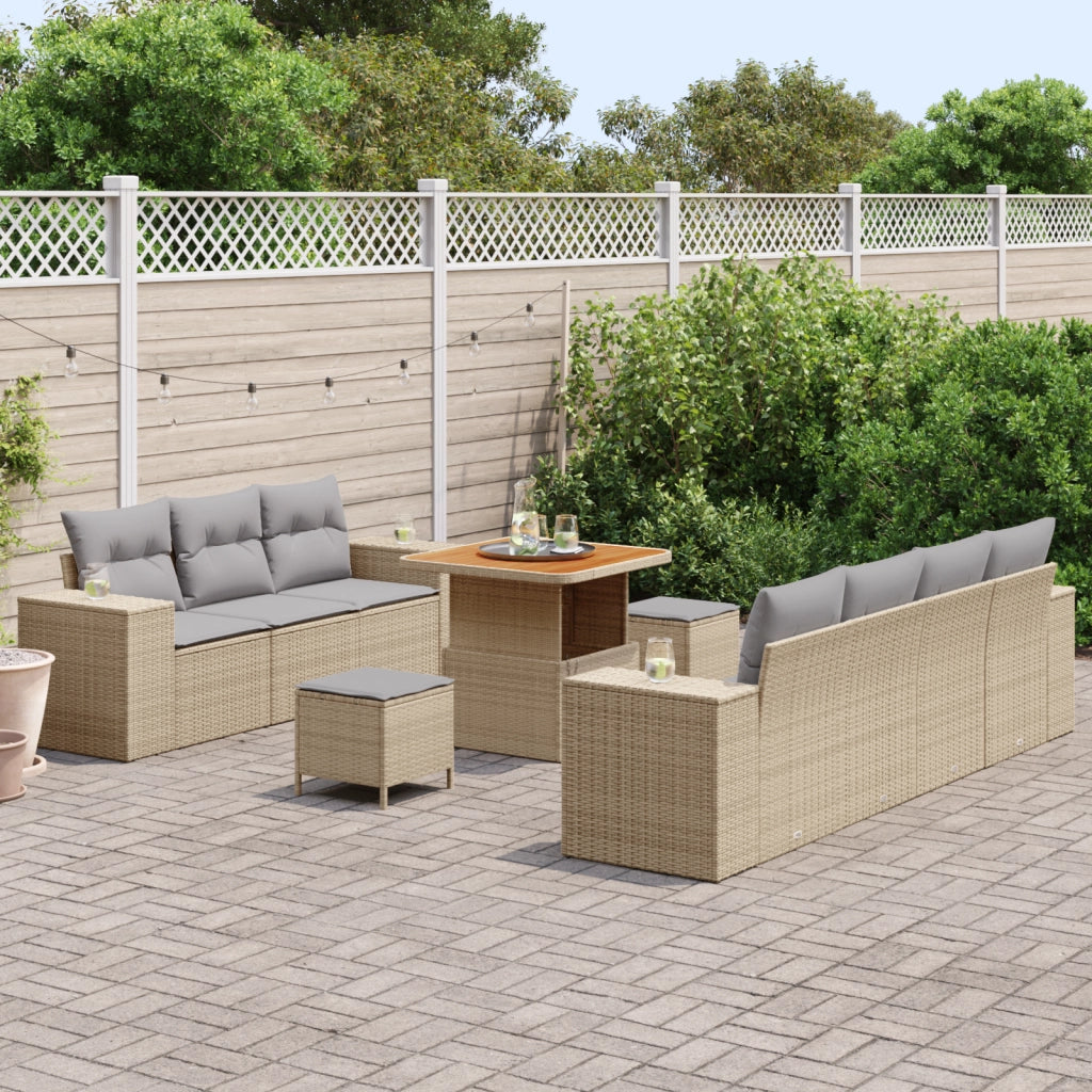 Set di Divani da Giardino di 10 pezzi con Cuscini Beige Polyrattan Acacia