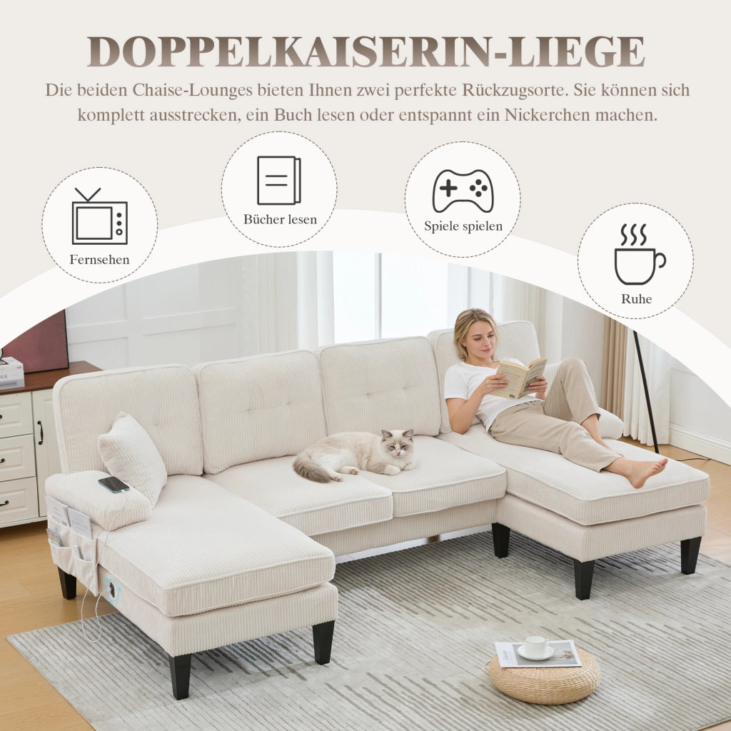 Divano a U 4 posti in corduroy con tasche laterali, schienale ergonomico e seduta imbottita beige 250 × 130 × 88 cm