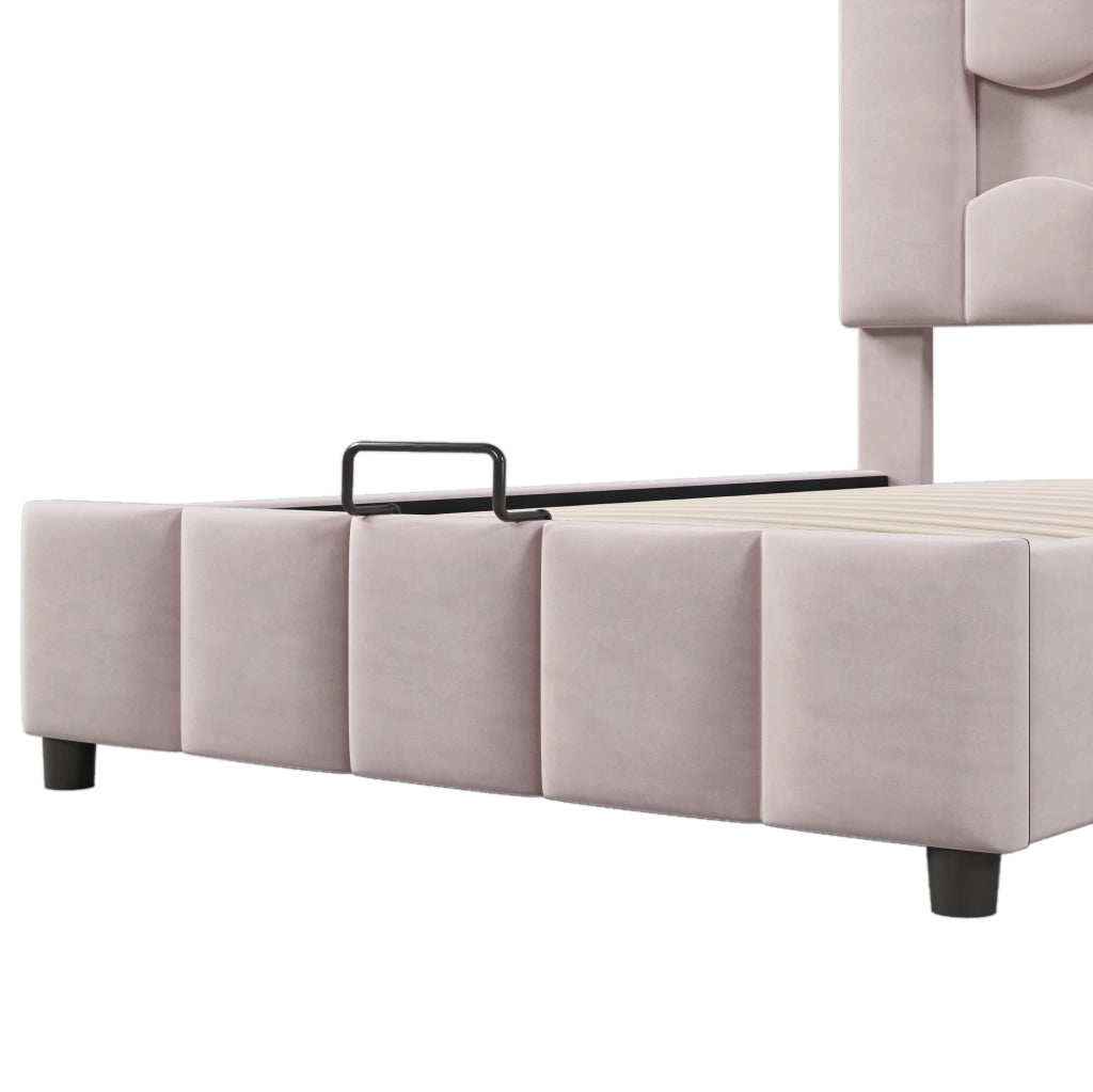 Letto imbottito 90x200 cm in velluto rosa con contenitore; LED multicolore e testiera regolabile