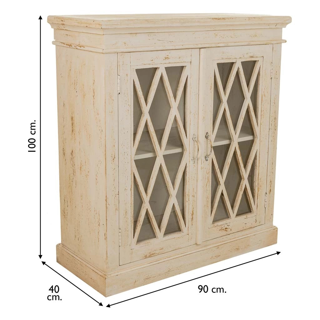 Mobile da ingresso in legno e vetro bianco lavorato a mano 90x40x100h