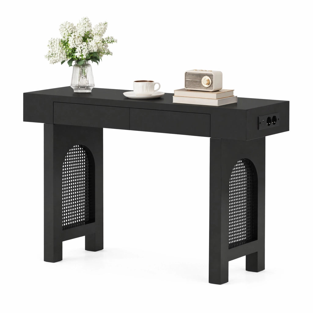 Tavolo consolle in MDF con 2 cassetti; prese USB e Type-C; 120 x 35;5 x 76;5 cm; nero