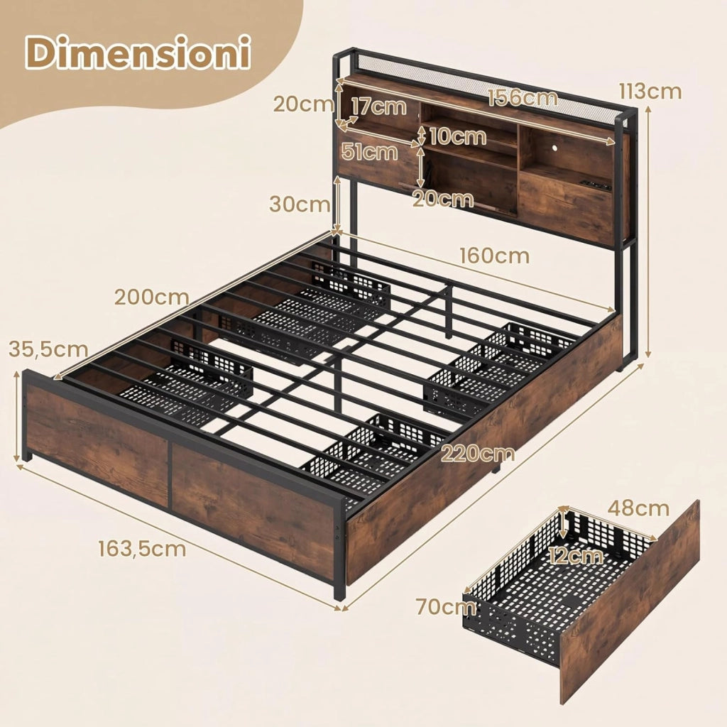 Struttura Letto con Testiera, Letto con 4 Cassetti e Doghe Robuste in Metallo, Letto a Piattaforma con Prese, Silenzioso, Carico Massimo 300kg (160 x 200 cm)