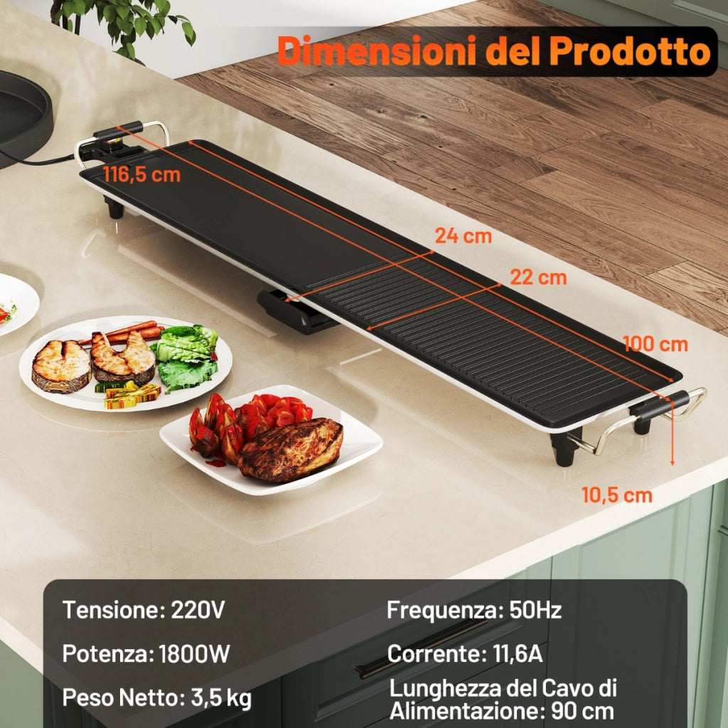 Griglia barbecue antiaderente da banco con temperatura regolabile per interni ed esterni-Griglia elettrica extra large 100cm Nero