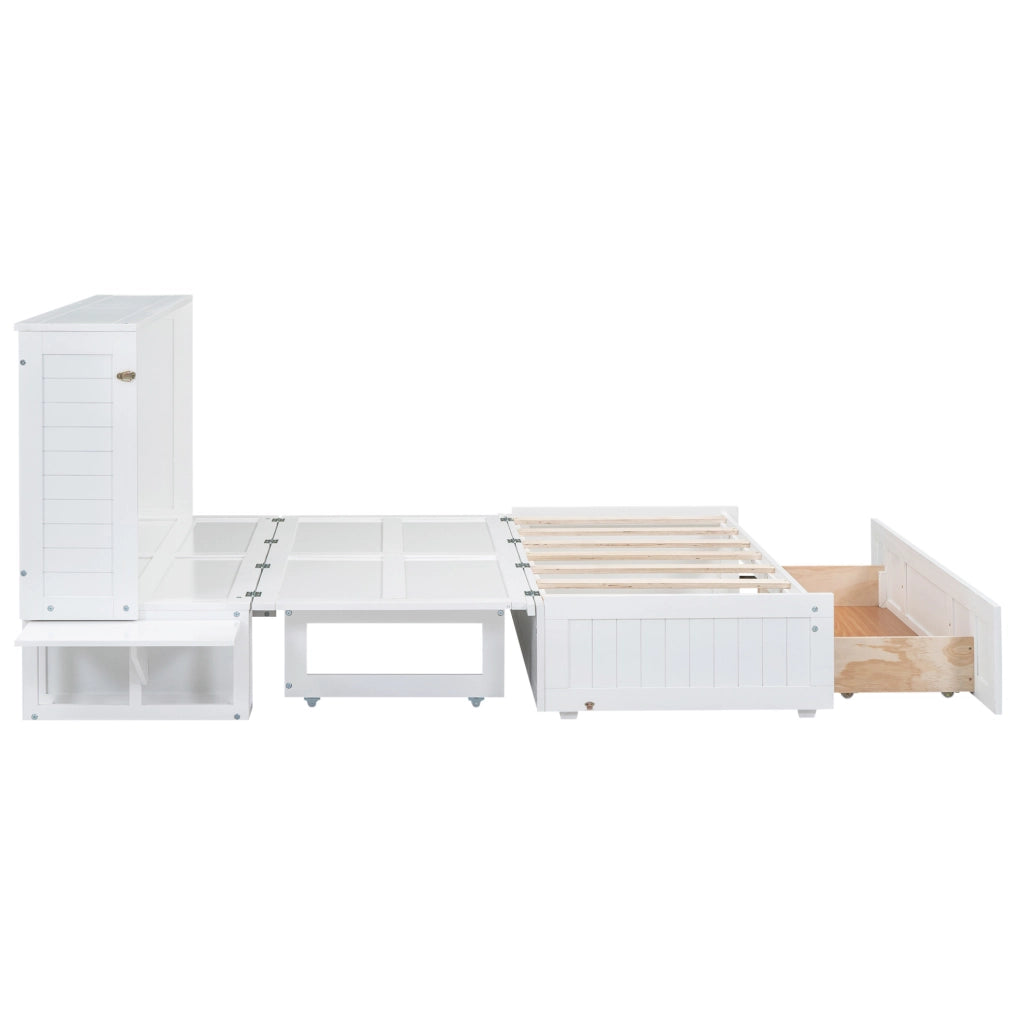 Letto a scomparsa mobile 140x200 cm con cassetti e piccolo scaffale laterale in legno bianco
