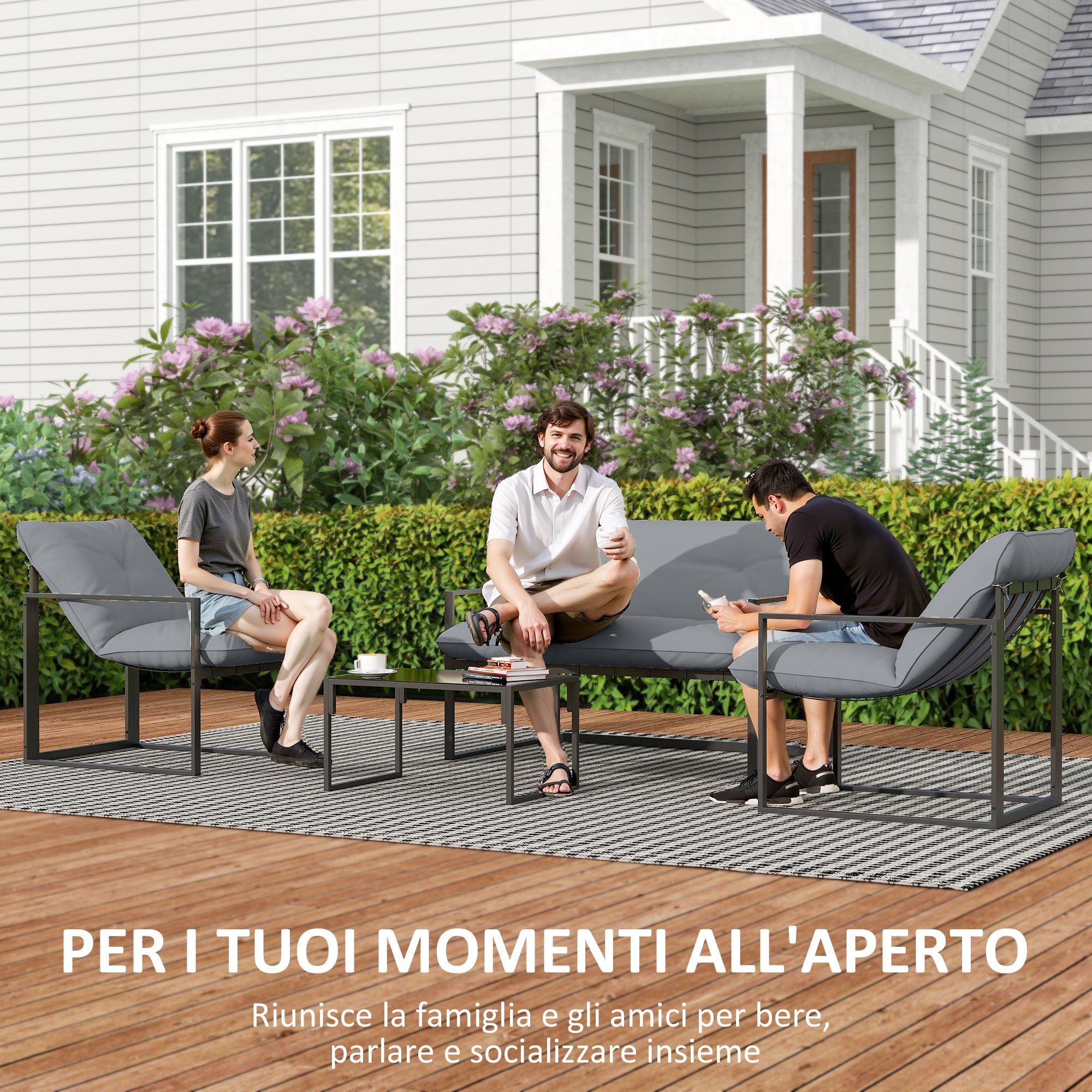 Set 4 Pezzi da Giardino con Divanetto 2 Poltrone e Tavolino in Acciaio, Poliestere e Cotone PP Nero e Grigio