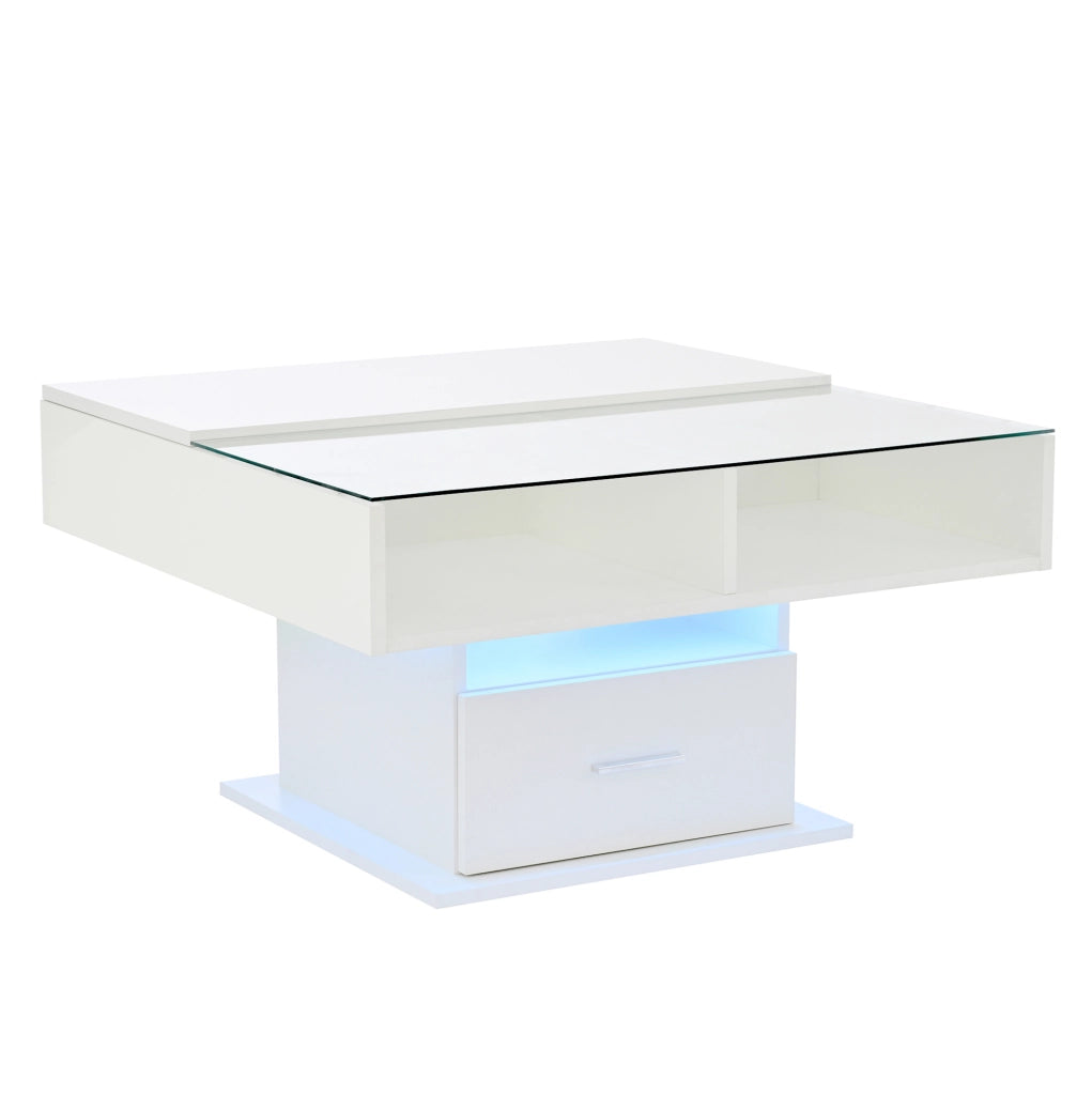 Tavolino da caffè elevabile LED bianco con contenitore, 78×78 cm