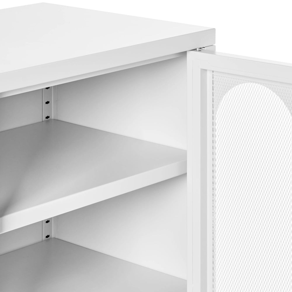 Credenza in acciaio con 2 ante ovali traforate e 5 ripiani bianco menta stile industriale moderna