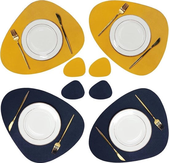 Tavoliere e sottotavoli, 4, placati in PU pelle, antiscivolo, lavabili, impermeabili, per cucina, indoor, tavola da pranzo, ristorante, blu profondo/giallo