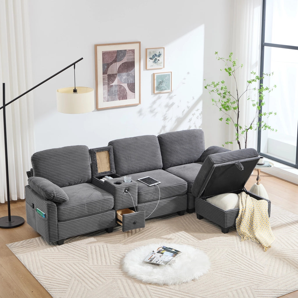 Divano 3 Posti in Tessuto a Coste con Contenitore e Ottoman ¨C MINIMAL ¨C Grigio/Beige