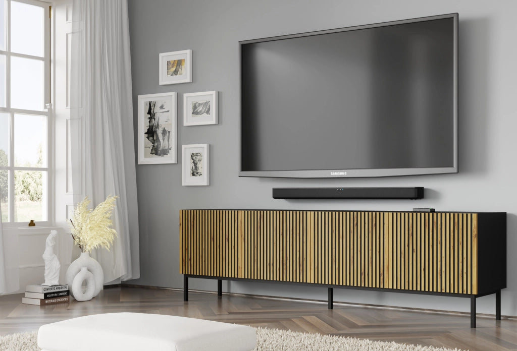 MOBILE RAVENNA F PORTA TV IN MDF VERNICIATO 4D 200 NERO OPACO ROVERE ARTIGIANALE STRUTTURA NERA