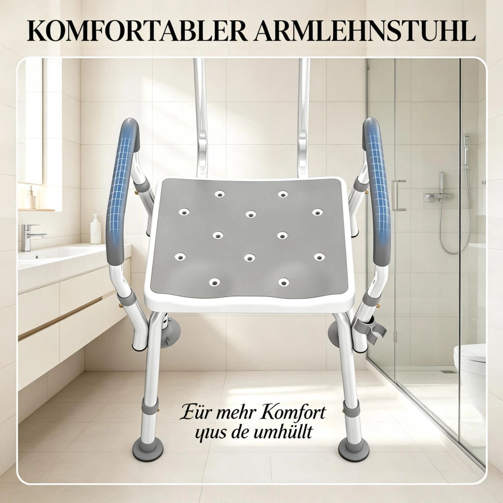 Sedia da doccia con schienale, altezza regolabile e piedini antiscivolo in alluminio e HDPE grigio