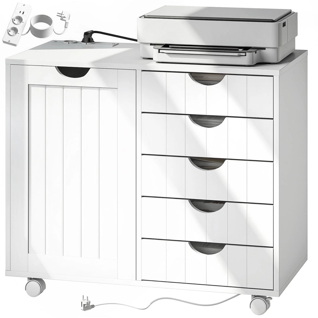 Scrivania con cassetti e ruote ¨C zephmum ¨C 5 cassetti, USB, bianco