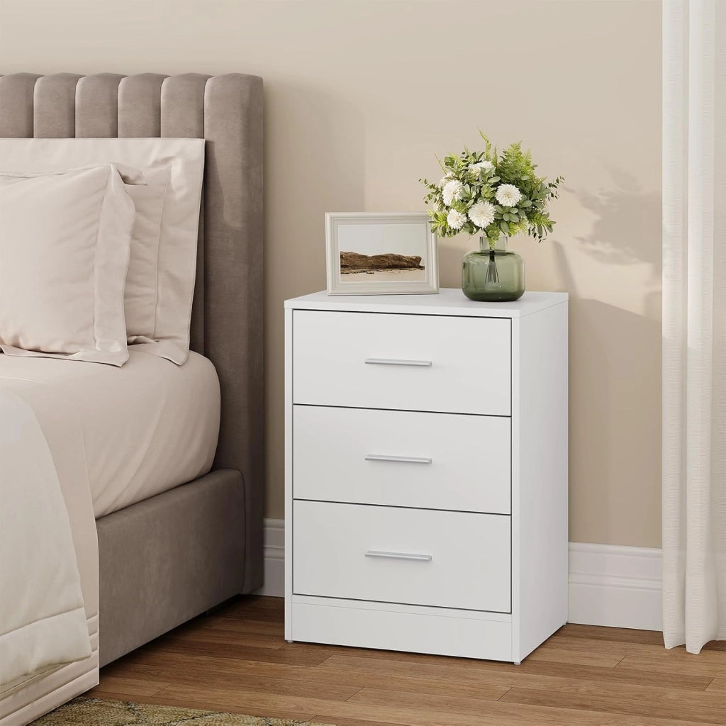 Set di 2 Comodini Moderni con 3 Cassetti, Grande Capacità, Tavolino da Letto per Camera da Letto, Soggiorno e Ufficio, 39x28x54cm, Bianco, NTS26hei-2