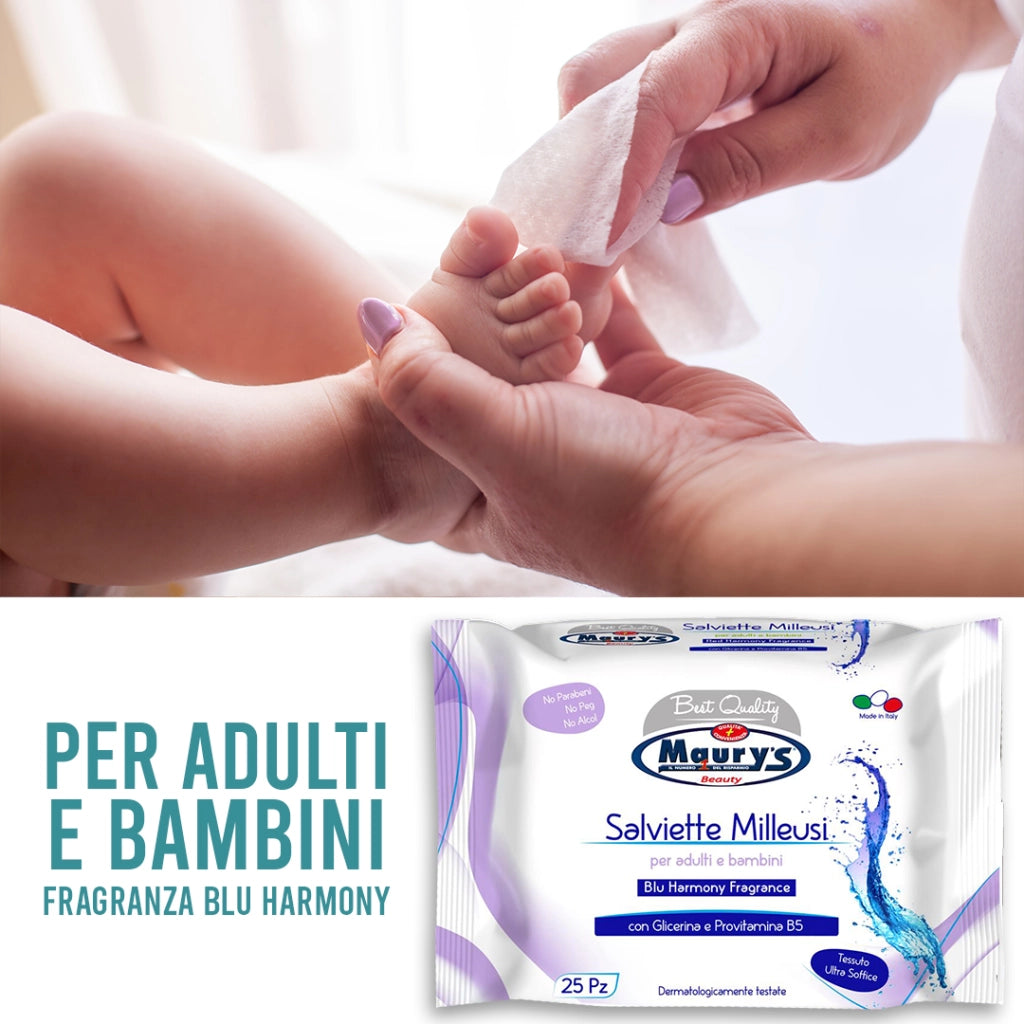 MAURY'S SALVIETTE DETERGENTI UMIDIFICATE MILLEUSI BLU HARMONY 25 PZ PER ADULTI E BAMBINI