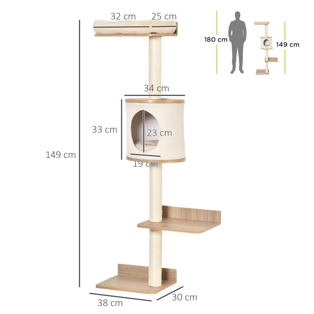 Albero per gatti a parete con piattaforme, cuccia e tiragraffi in sisal ¨C zephmum ¨C 38x30x149 cm