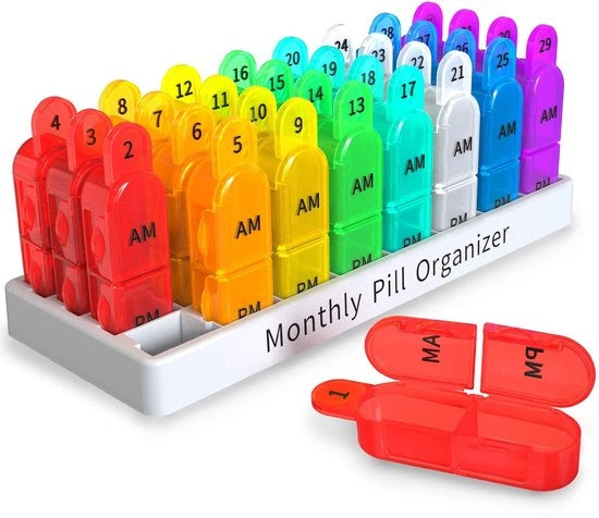 Organizzatore di medicinali 32 compartimenti - Cassa per pillole 2 volte al giorno - Organizzatore per integratori - Adatto per anziani/bambini - Facile da aprire