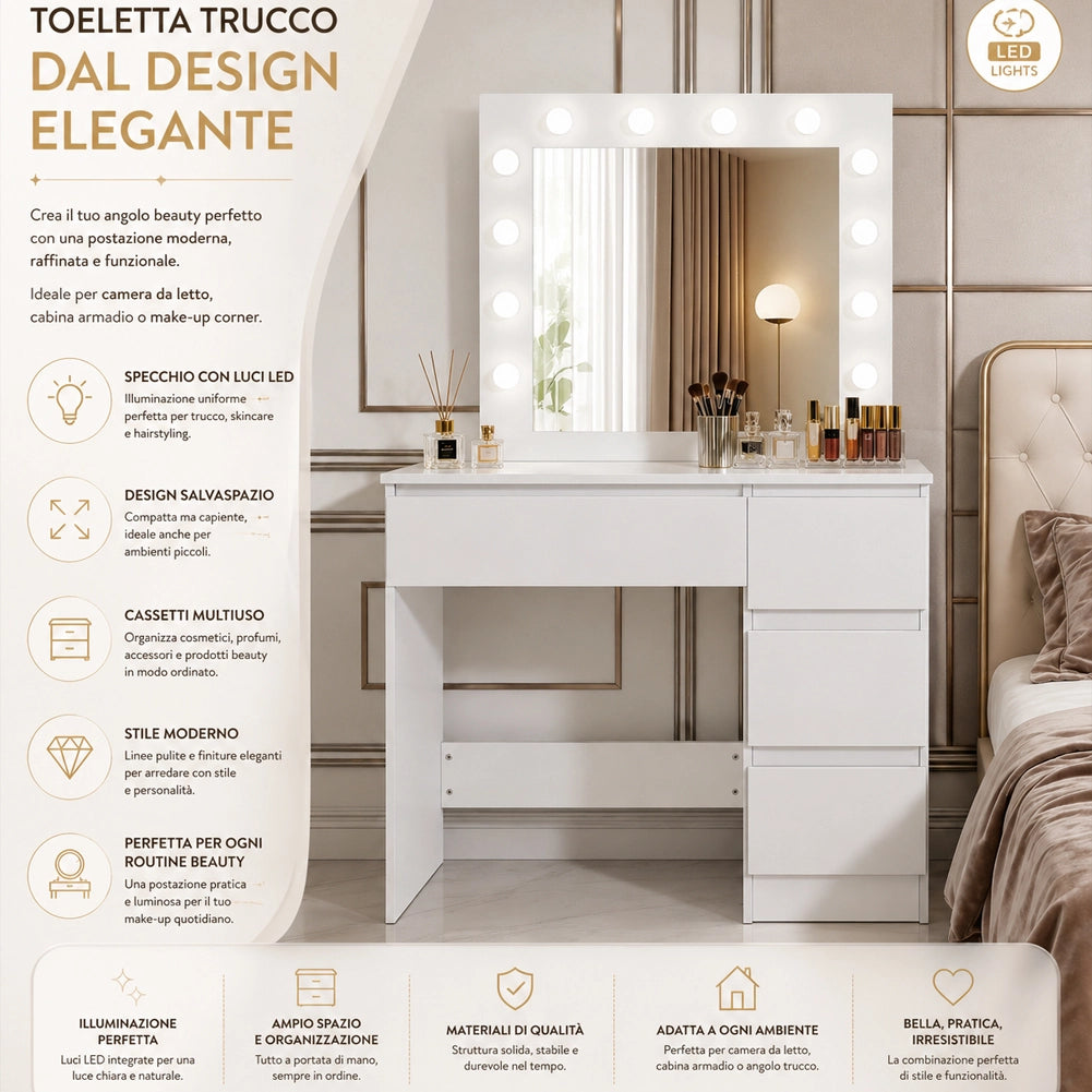 Toeletta Trucco 94x43x140 cm Postazione Makeup 12 Luci LED e Cassetti Bianco