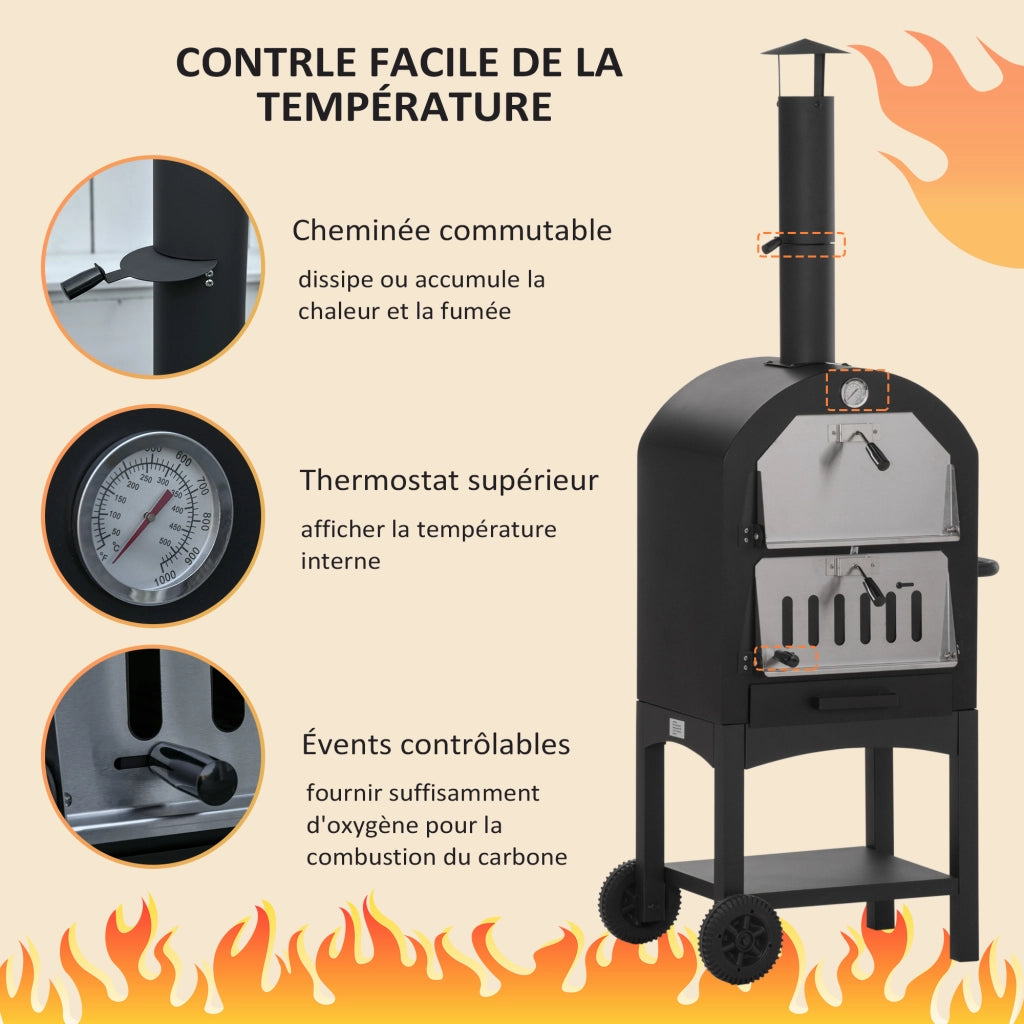 Forno Pizza a Carbone per Esterno ¨C zephmum ¨C Grigio Nero con Ruote e Termometro