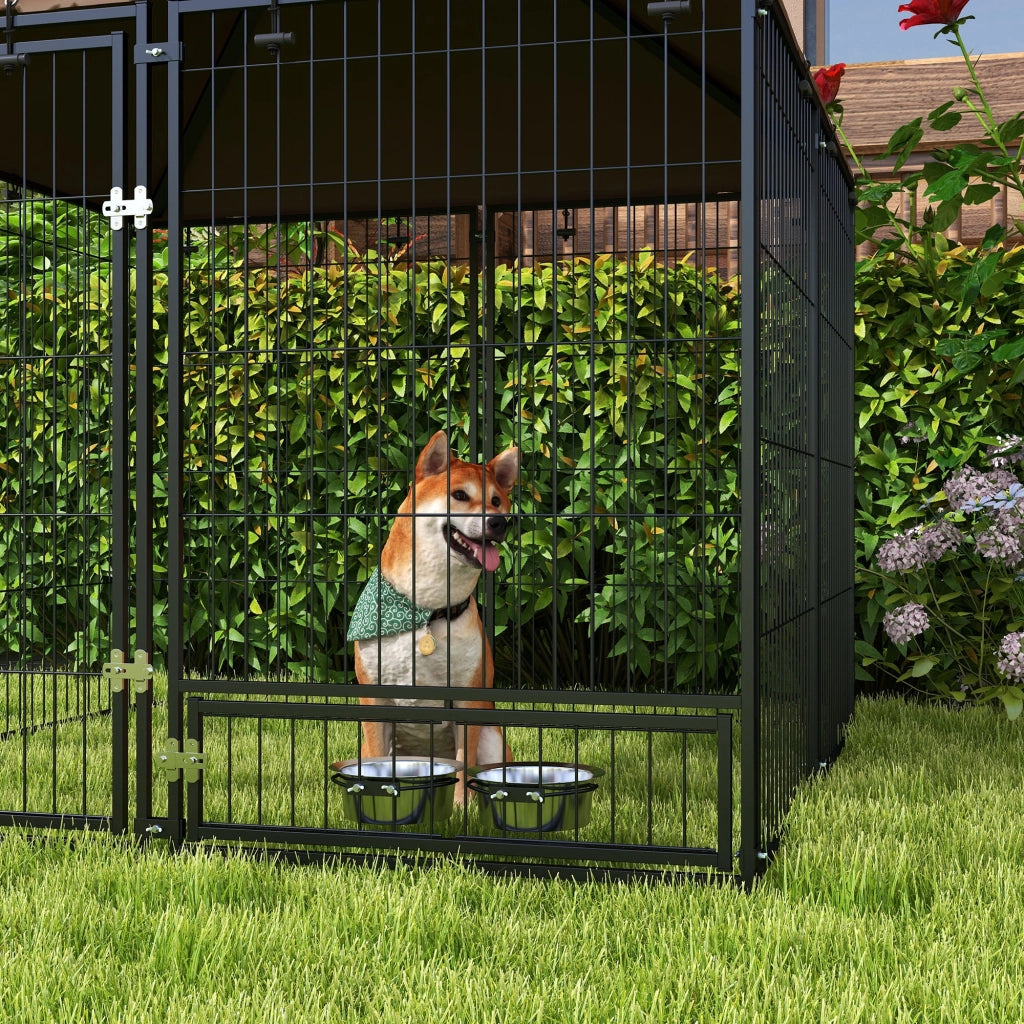 Recinto per Cani con Porticina per Ciotole 141x141x151 cm in Metallo e Tessuto Oxford Nero e Marrone