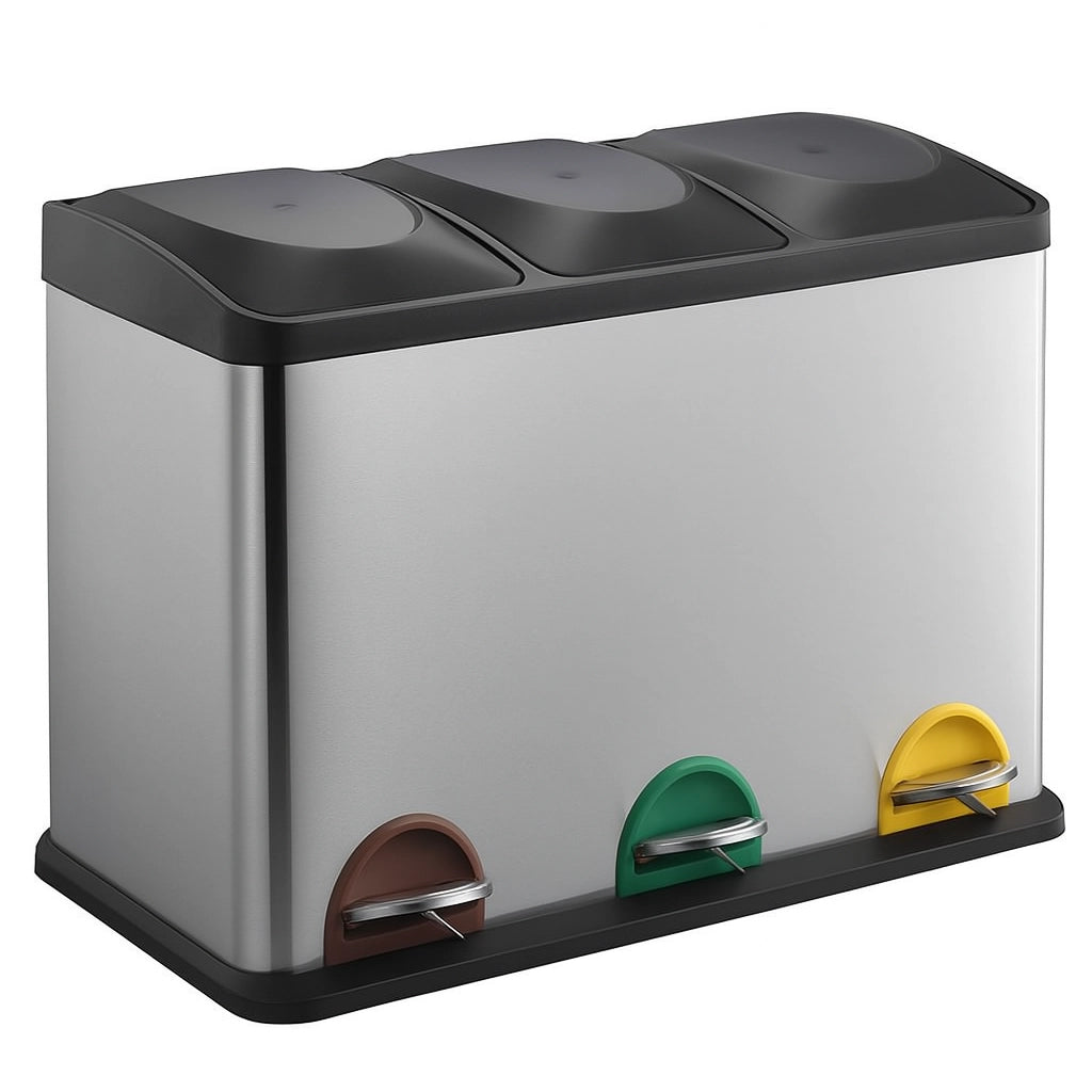 Pattumiera Raccolta Differenziata Acciaio 45LT 3 Scomparti con Pedale Silver Nero