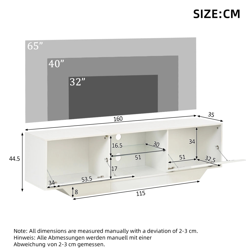 Mobile porta TV con LED e 2 ante 4 vani e ripiano in vetro regolabile per soggiorno bianco 160 × 35 × 44,5 cm