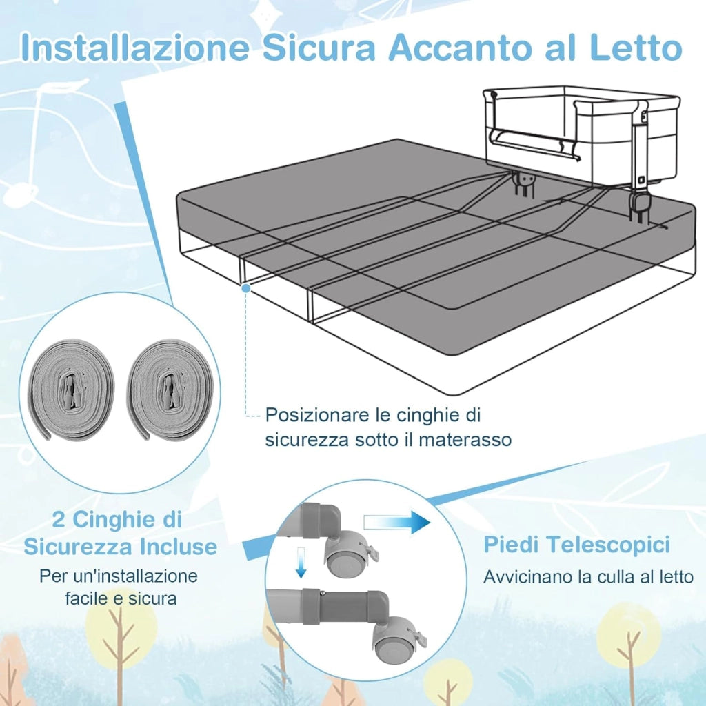 Culla da Affiancare per Neonati, Culla per Bambini con Altezza Regolabile a 6 Livelli, con Mensola Portaoggetti, Materasso e Borsa da Trasporto, per Bambini 0-6 Mesi (Grigio Chiaro)