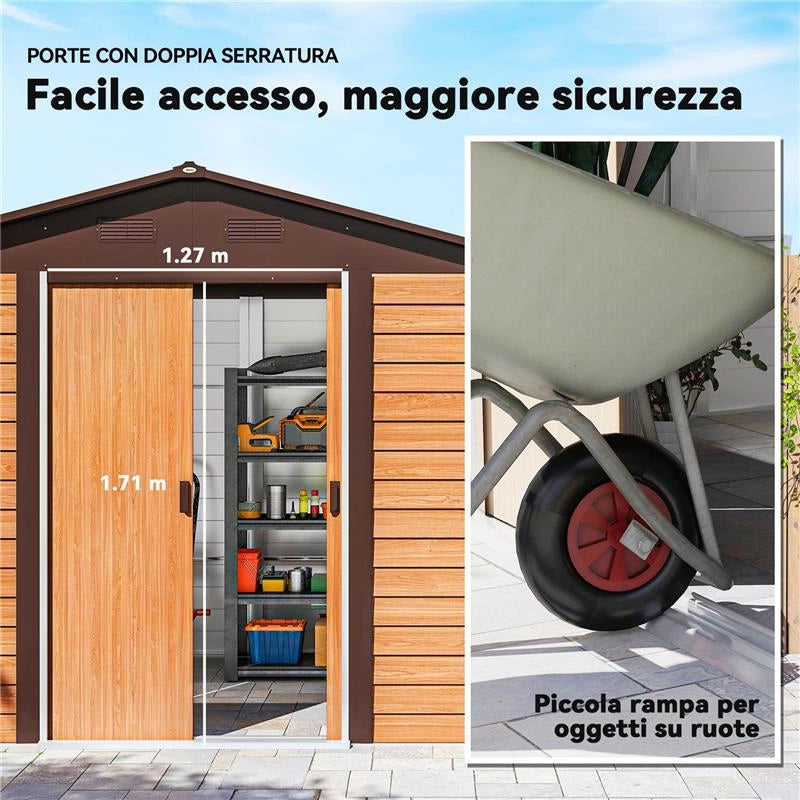 CASETTA DA GIARDINO IN ACCIAIO EFFETTO LEGNO E DOPPIE PORTE SCORREVOLI, 278X195X215 CM, MARRONE
