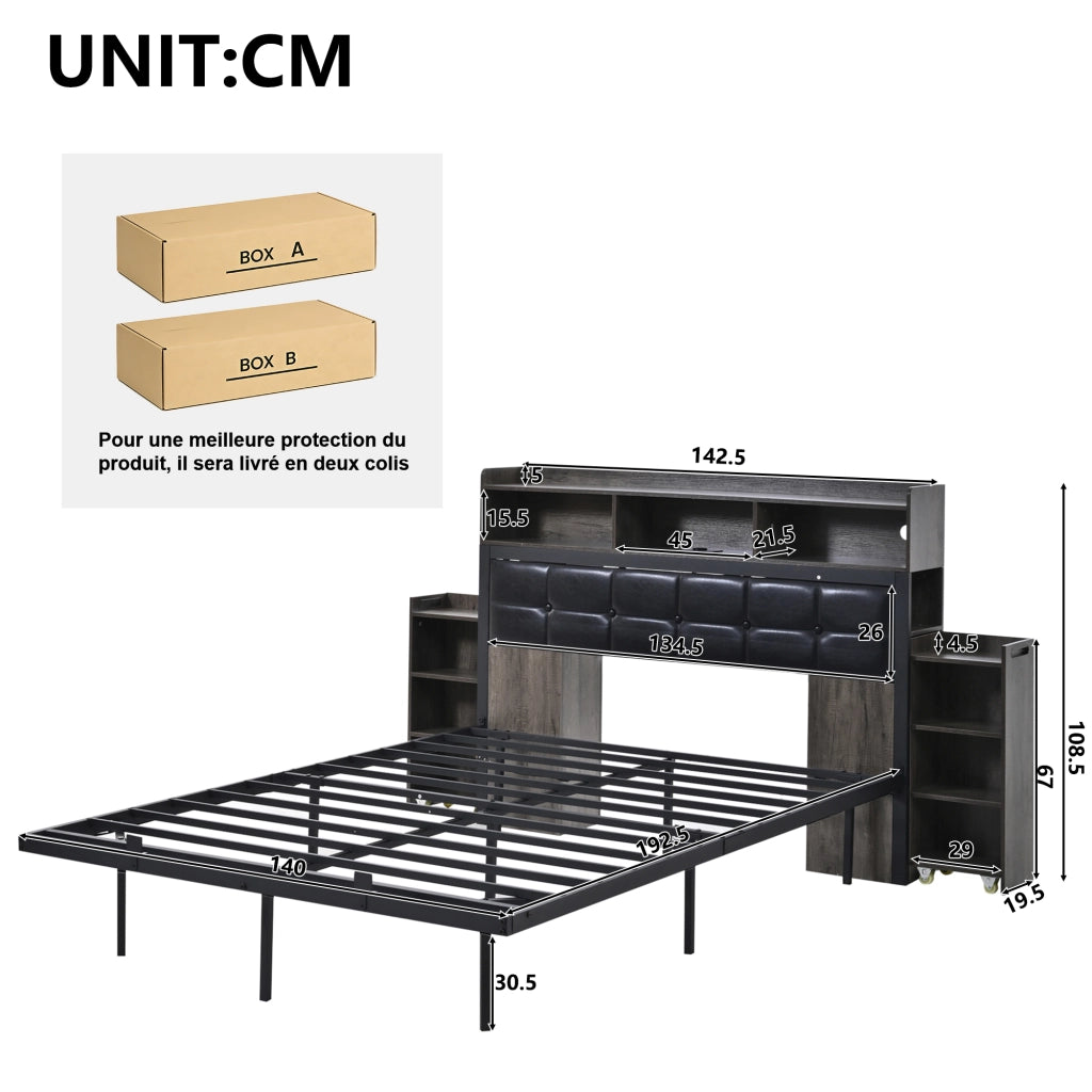Letto matrimoniale 140 × 190 cm con LED, 2 comodini estraibili, USB e Type-C, senza materasso, in metallo, grigio