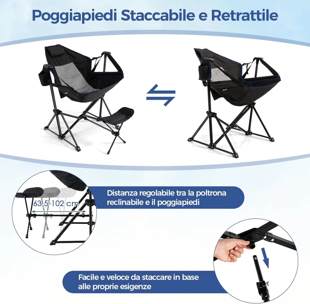 Sedia da Campeggio, Sedia Pieghevole per Esterni con Schienale e Poggiapiedi Regolabili, Poggiatesta, Porta Bicchiere e Borsa da Trasporto per Spiaggia, Giardino, Pesca, Supporta 150 kg (Nero)