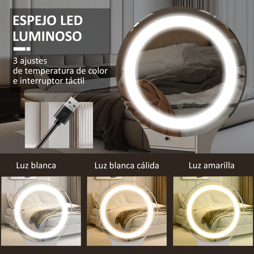 Tocador con Specchio e Luci LED ¨C zephmum ¨C 100x44x137 cm Bianco e Naturale