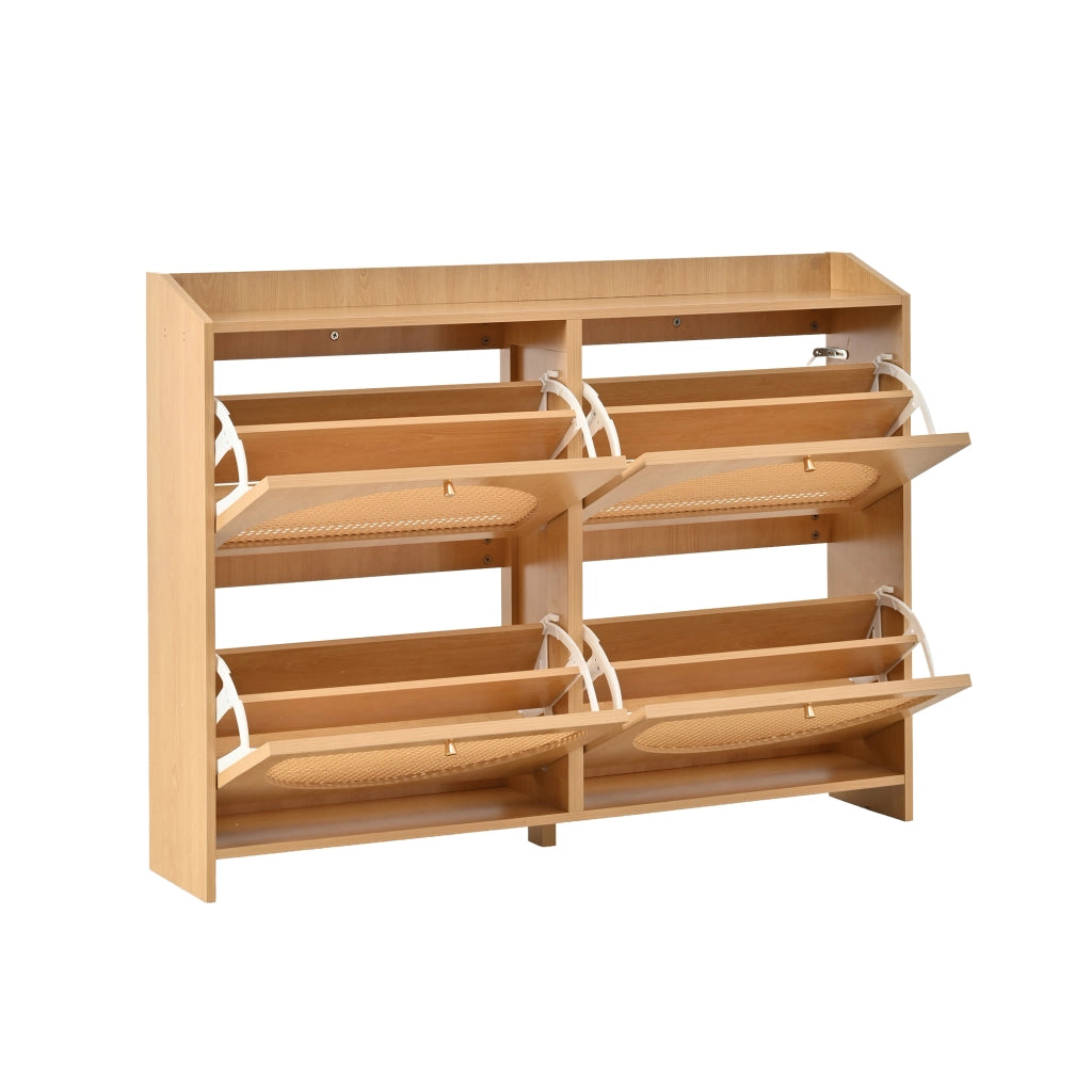 Scarpiera moderna 120¡Á24¡Á90 cm con 4 ante a ribalta, 8 scomparti, 2 ganci, struttura in MDF e ante in stile rattan, colore naturale
