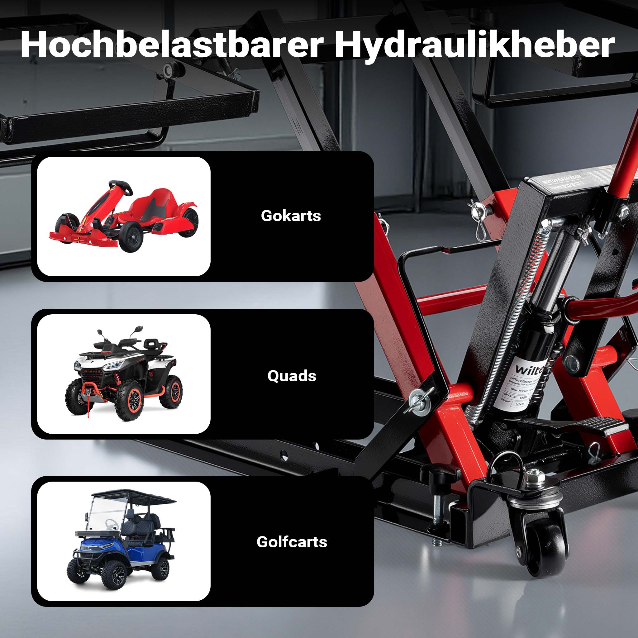 Sollevatore per trattorino 3in1, alza moto e quad, max 530 mm, Martinetto idraulico a carrello