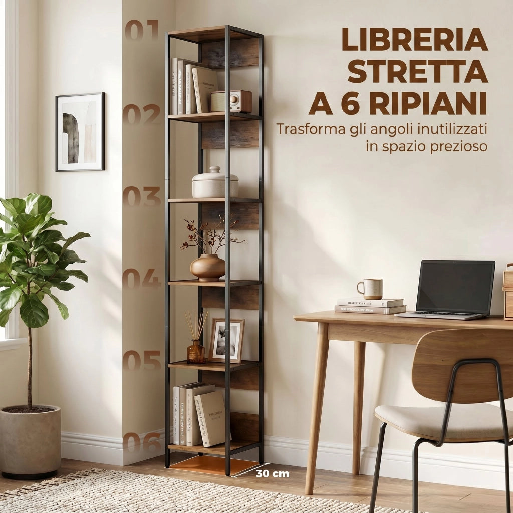 Libreria 29,5x30x185 cm Scaffale a 6 Ripiani Finitura in Legno e Acciaio Marrone