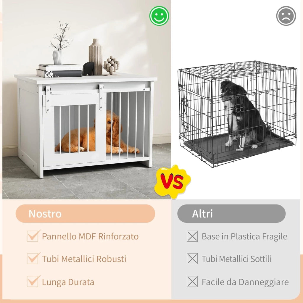 Cuccia per Cani da Esterno ed Interno, Gabbia in Legno con Ampio Piano Superiore, Porta Scorrevole, Tubi in Metallo Resistenti alla Masticazione, Casetta per Cani Piccoli e Medie (Bianco)