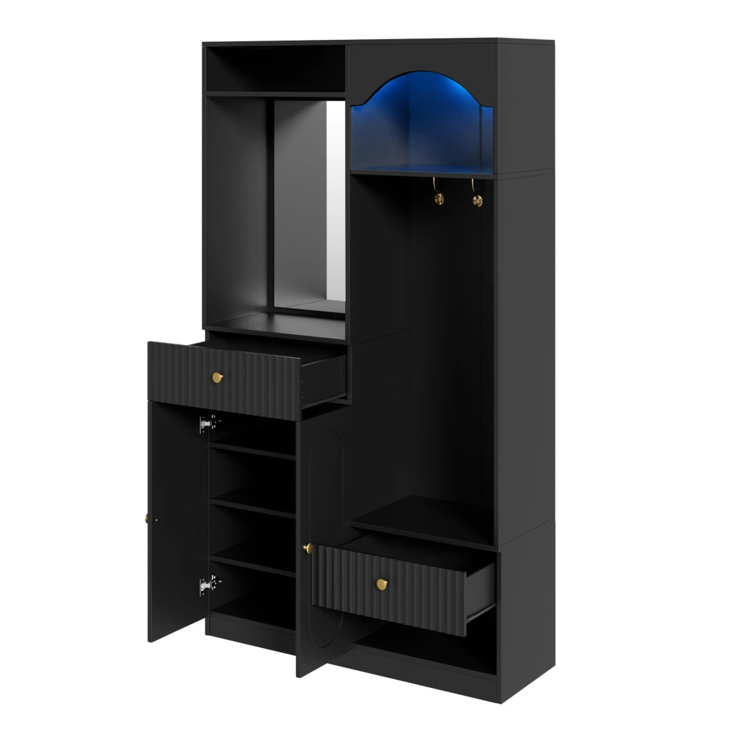 Guardaroba da ingresso con specchio; panca; ganci; vani e LED multicolore; in MDF nero; 100 Ã— 35 Ã— 180 cm