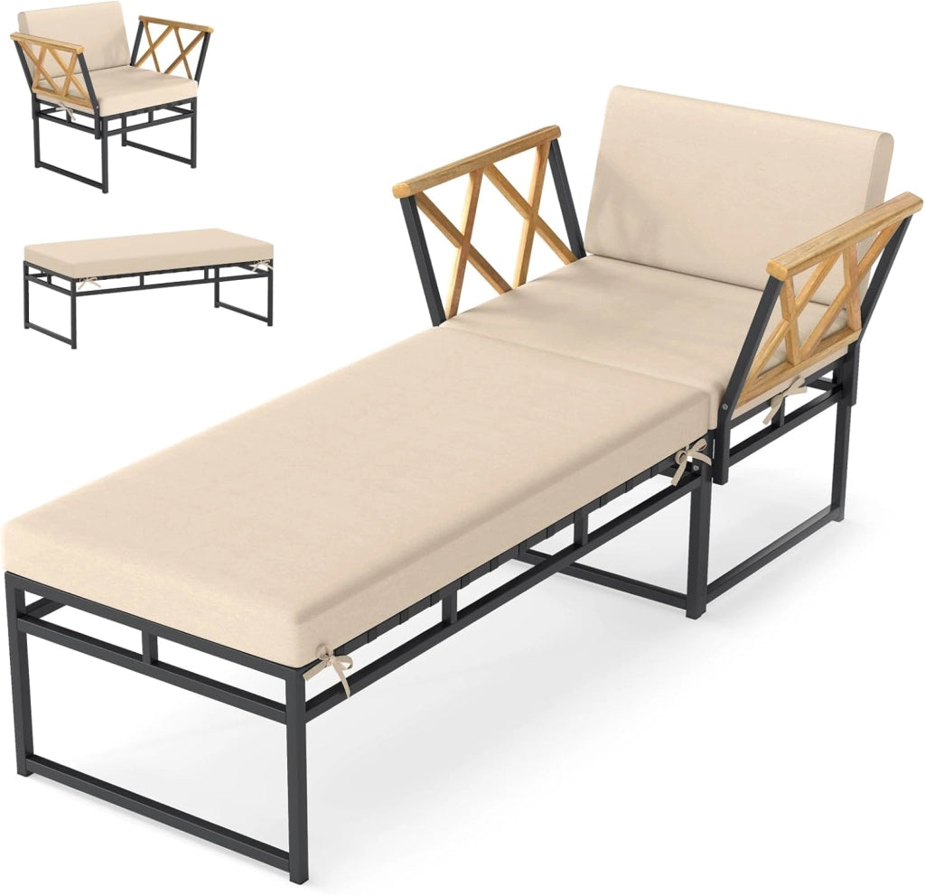 Set di 2 mobili da balcone, sdraio modulare con cuscino, poltrona e pouf, sdraio da giardino per 1-3 persone, per piscina, giardino, cortile, terrazza, 75 x 175 x 66 cm