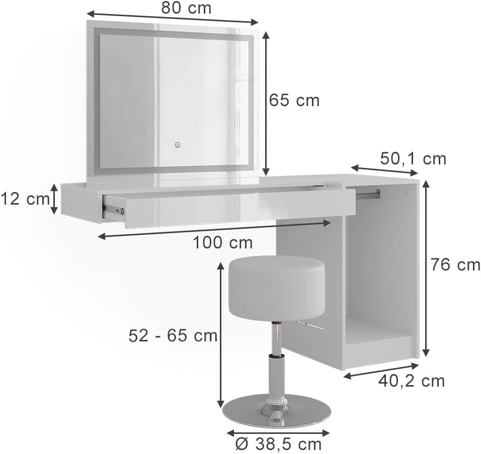 Tavolo da toeletta Sherry, Bianco, 100 cm 4 parti, con illuminazione LED e seduta imbottita per il montaggio