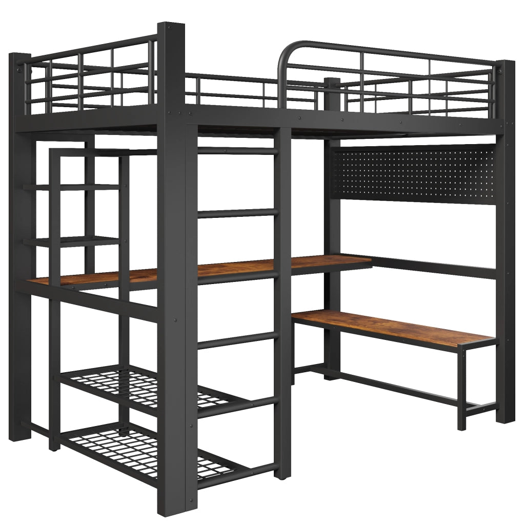 Letto a soppalco 140x200 cm in metallo nero con LED; scrivania e ripiani