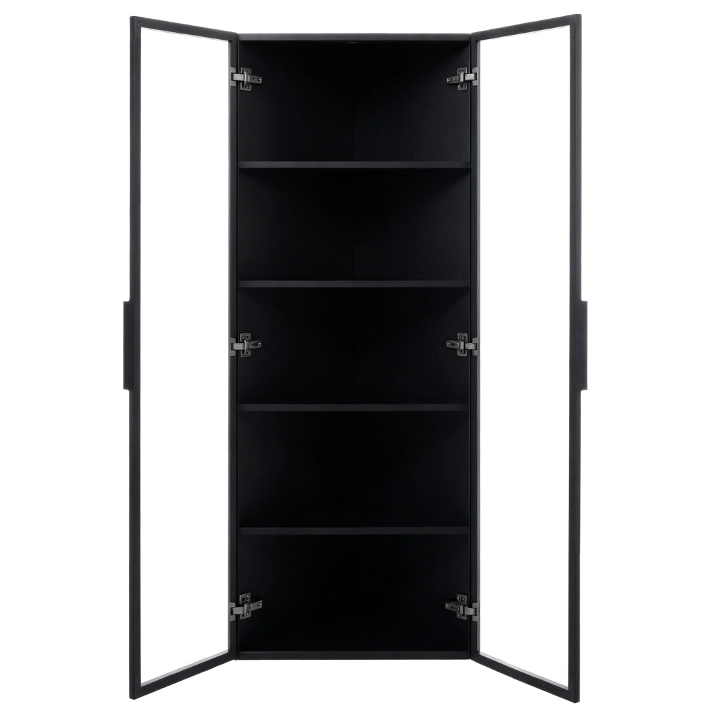 Vetrina angolare LED in vetro 62 x 35 x 160 cm, nera, con ante soft-close e struttura in MDF e vetro temperato