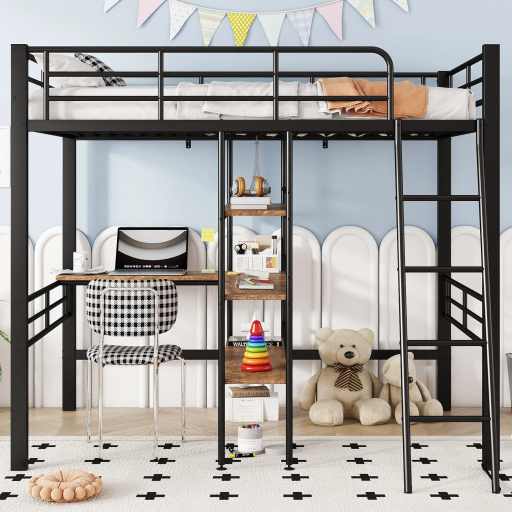 Letto a Soppalco Letto Singolo con Scrivania; Scaffali; Scala e Sponde 90 × 200 cm; senza Materasso; Nero