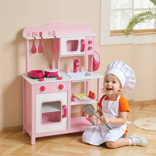 Cucina Giocattolo per Bambini 3+ Anni 55x24x86 cm con Microonde Piano Cottura e Lavandino in Legno Rosa