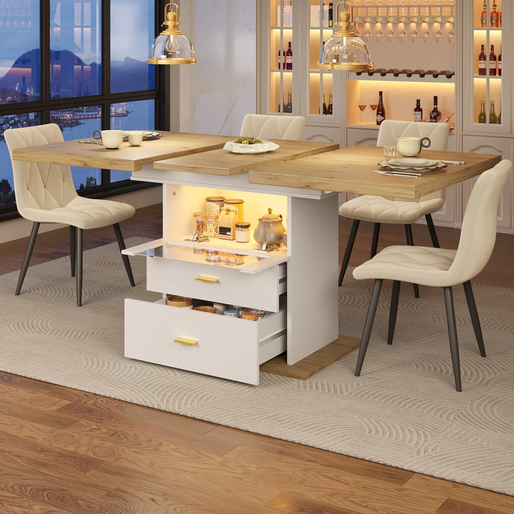 Tavolo da pranzo allungabile con led; vano contenitore integrato; 2 cassetti e 1 vano vetrato per cucina e sala da pranzo