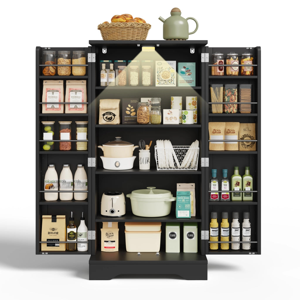 Mobile Dispensa 60x40x120 cm Nero con LED Sensore; 2 Ante; Ripiani Regolabili e Portaoggetti