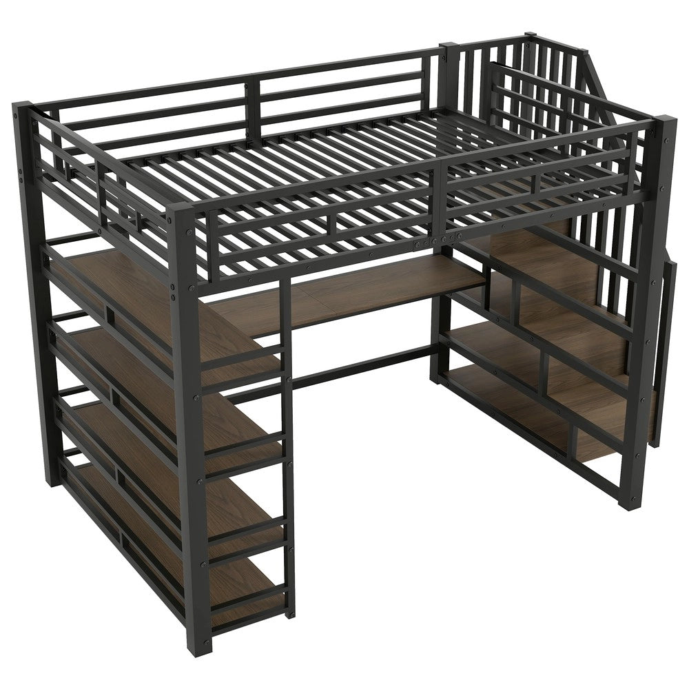 Letto a Soppalco con Scrivania, LED e USB ¨C MINIMAL ¨C Metallo Nero 140x200