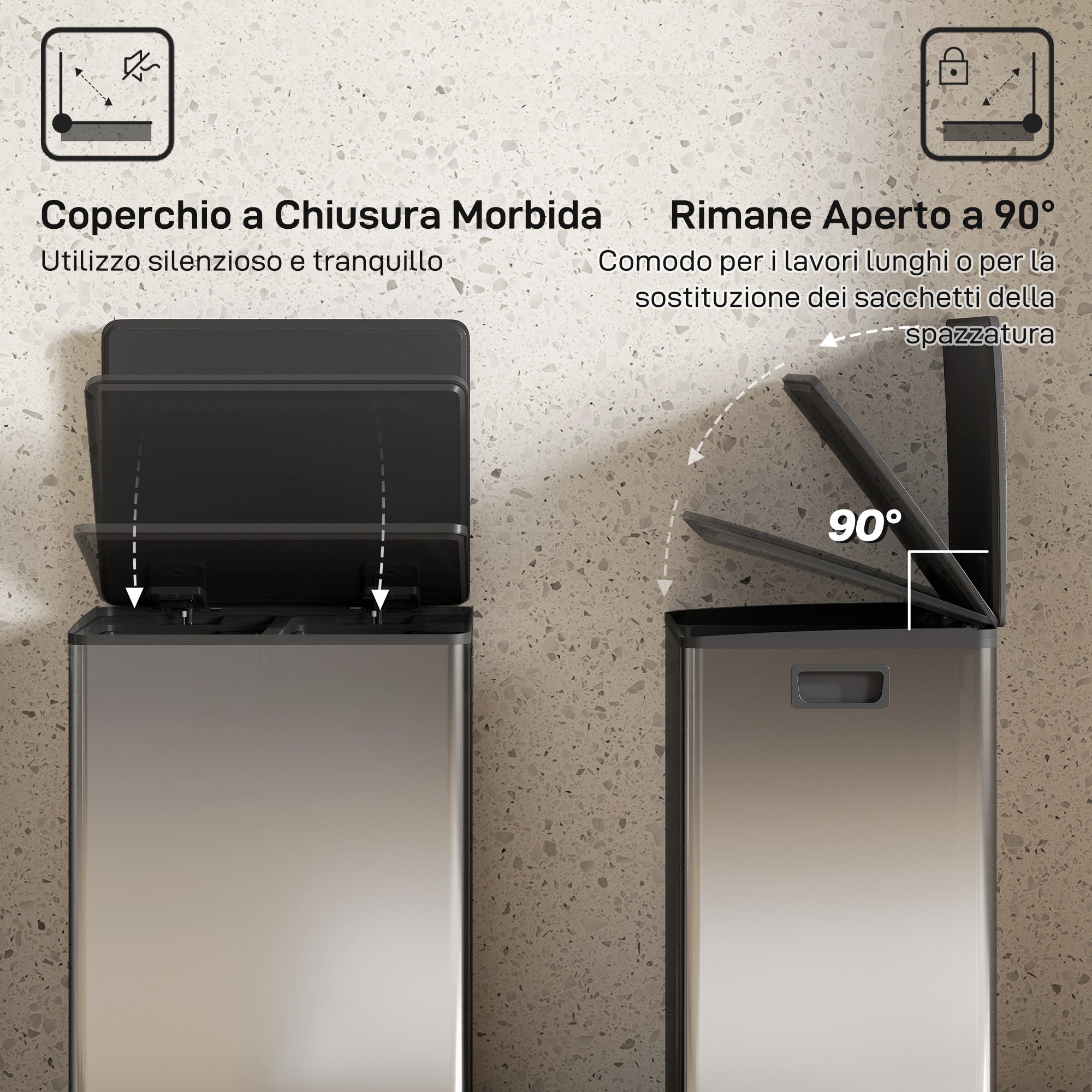 Pattumiera a Pedale con 2 Scomparti da 30L Coperchio Ammortizzato e Secchi Rimovibili in Acciaio Inox Argento