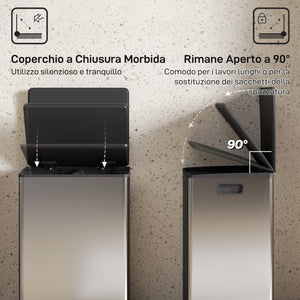Pattumiera a Pedale con 2 Scomparti da 30L Coperchio Ammortizzato e Secchi Rimovibili in Acciaio Inox Argento