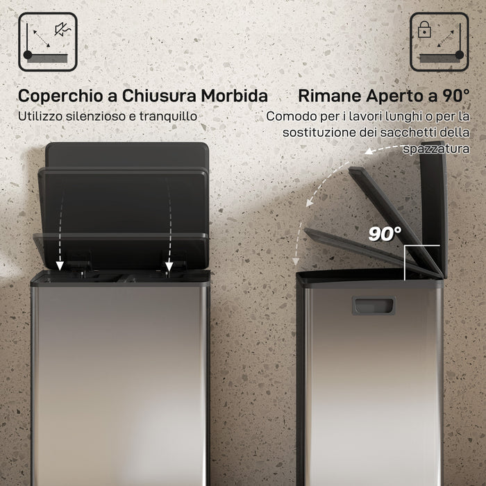 Pattumiera a Pedale con 2 Scomparti da 30L Coperchio Ammortizzato e Secchi Rimovibili in Acciaio Inox Argento