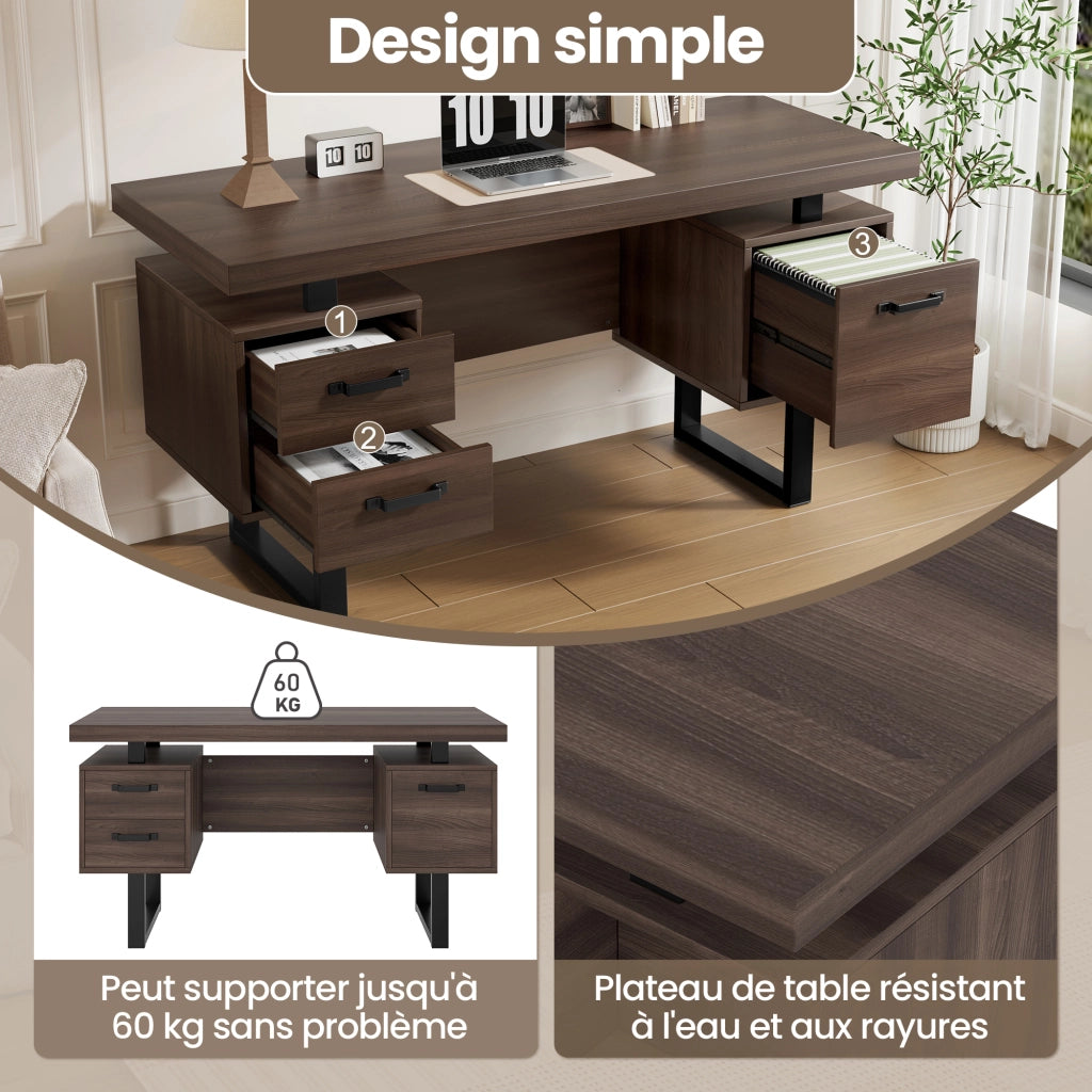 Scrivania lineare con 2 cassetti e vano per raccoglitori, in MDF e metallo, per ufficio, marrone, 135 × 54 cm