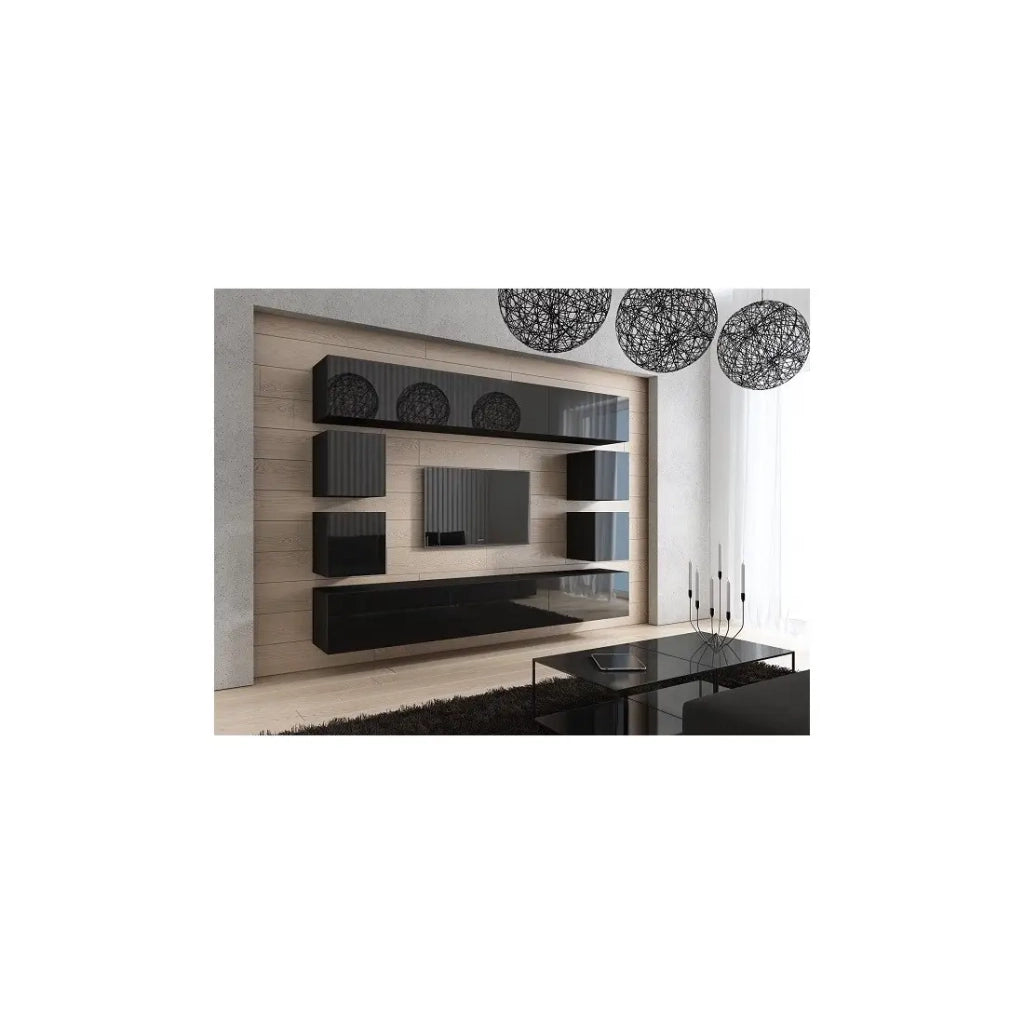 Set di mobili da soggiorno neri sospesi collezione CEPTO XVII 249cm, 10 pezzi, con LED, modulari.